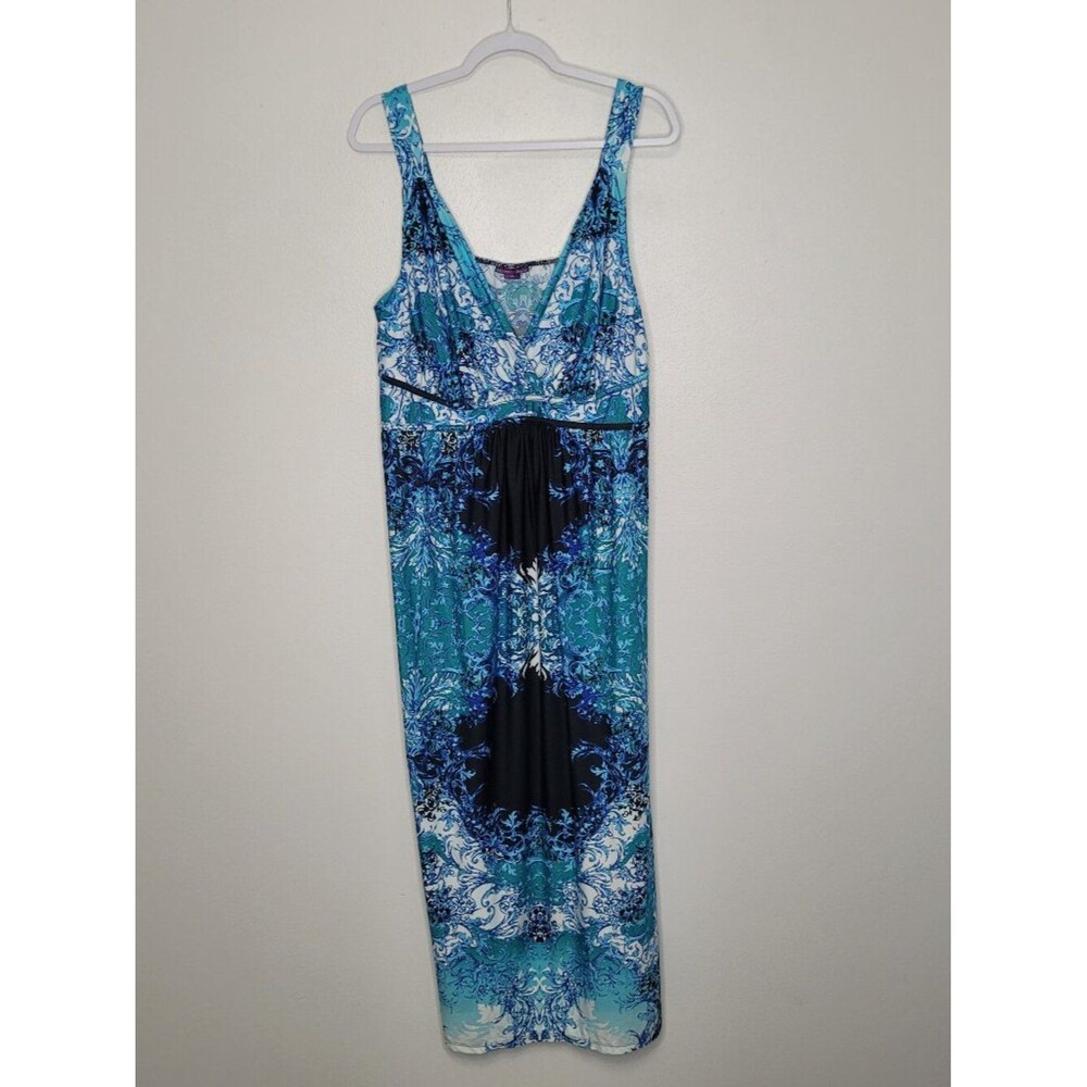 Beverly Drive blue black vacation print long stretch maxi dress size medium